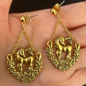 Vintage "Mystical Unicorn" gold-tone dangle earrings